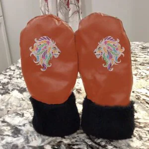 Mitaines en cuir avec broderie - Tête de lion-